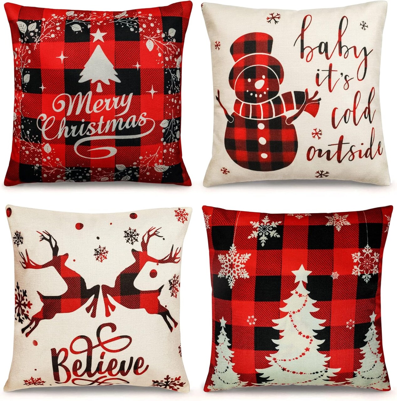 Farmhouse Christmas Pillow Covers Set of 4 – 18x18 Inch Red Buffalo Plaid Sofa Couch Holiday Cushion Covers with Snowman, Reindeer & Tree Design (Red)